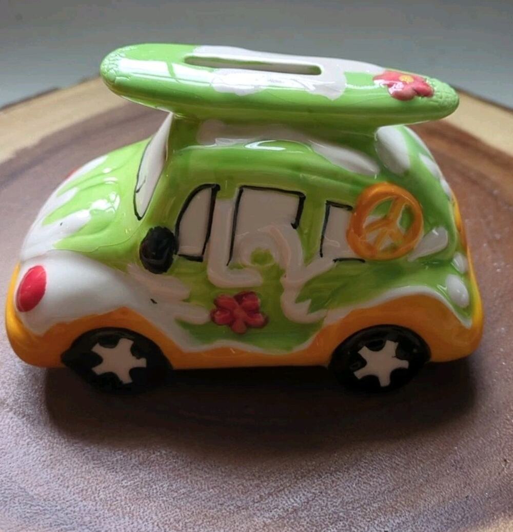 Vintage Puerto Rico "Volky" Ceramic VW Beetle Bank – Retro Hippie Bug with Surf